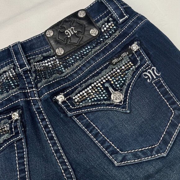 Miss Me Signature Rise Boot Jean 'Cut-Off' Denim Shorts Bling Pockets Size 29 - Picture 10 of 11